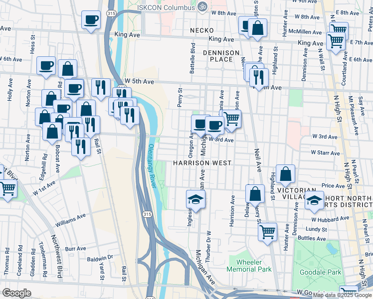 map of restaurants, bars, coffee shops, grocery stores, and more near 530 West 2nd Avenue in Columbus