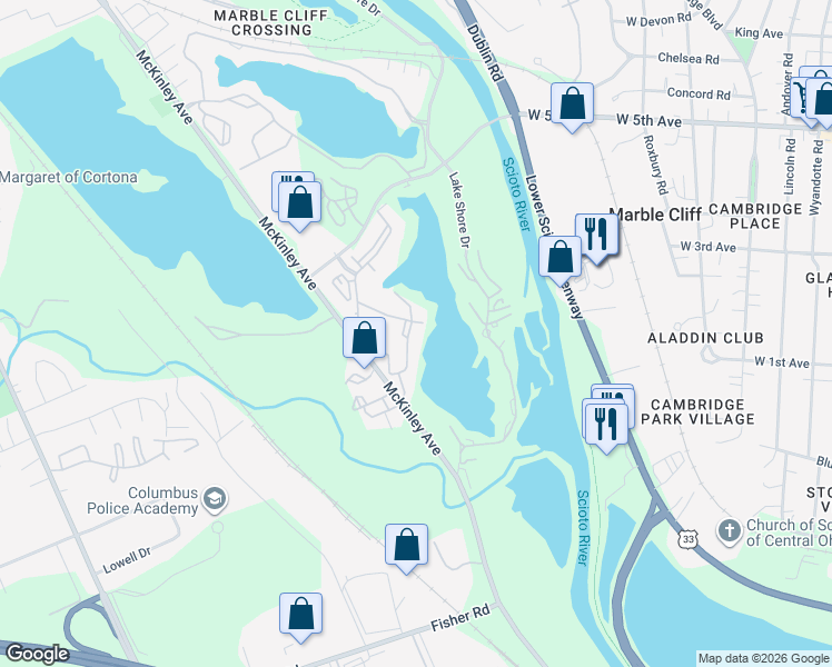 map of restaurants, bars, coffee shops, grocery stores, and more near 1356 Runaway Bay Drive in Columbus