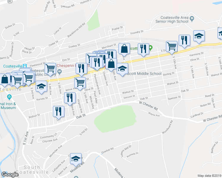 map of restaurants, bars, coffee shops, grocery stores, and more near 83 Chester Avenue in Coatesville