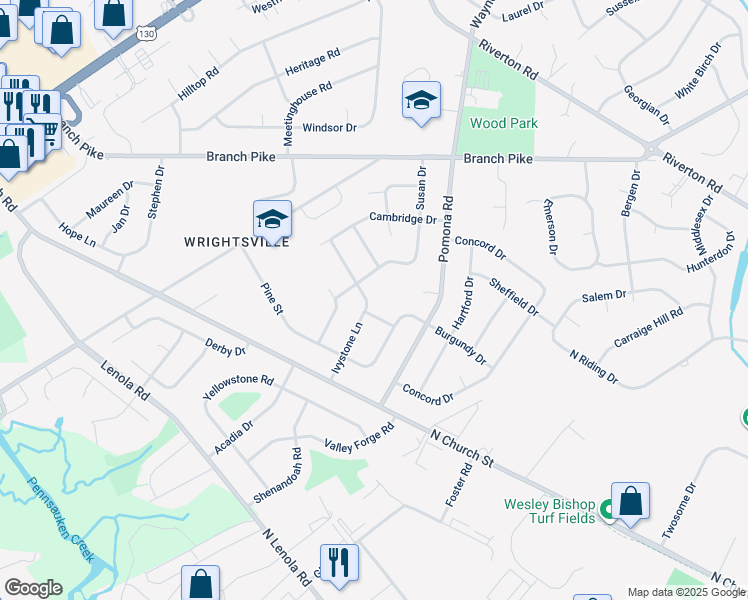 map of restaurants, bars, coffee shops, grocery stores, and more near 412 Ivystone Lane in Cinnaminson