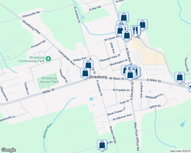 map of restaurants, bars, coffee shops, grocery stores, and more near 11 North Jackson Street in Strasburg
