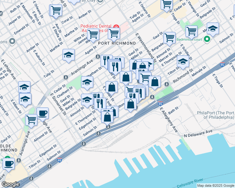 map of restaurants, bars, coffee shops, grocery stores, and more near 3050 East Thompson Street in Philadelphia