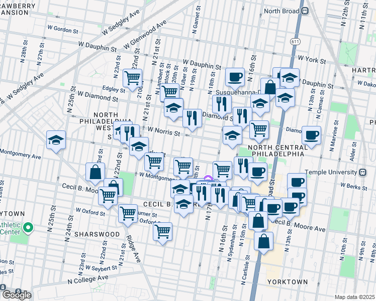 map of restaurants, bars, coffee shops, grocery stores, and more near 1920 North Gratz Street in Philadelphia
