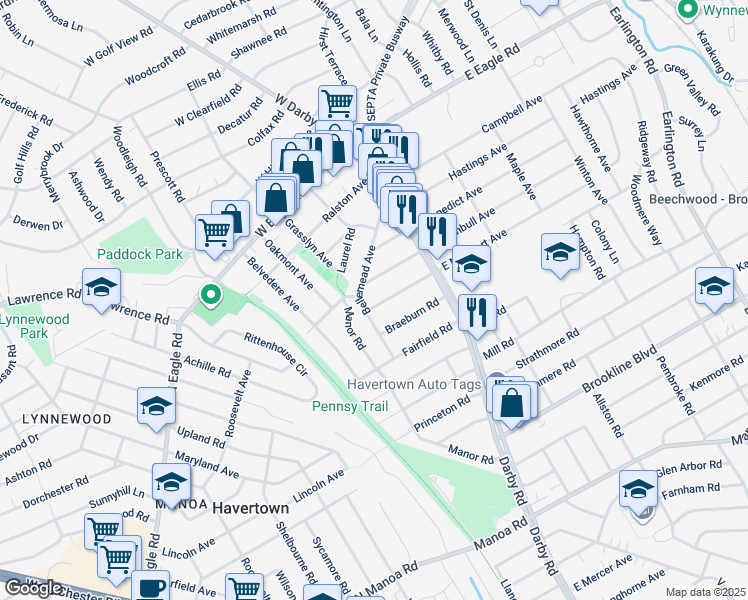 map of restaurants, bars, coffee shops, grocery stores, and more near 48 West Marthart Avenue in Havertown