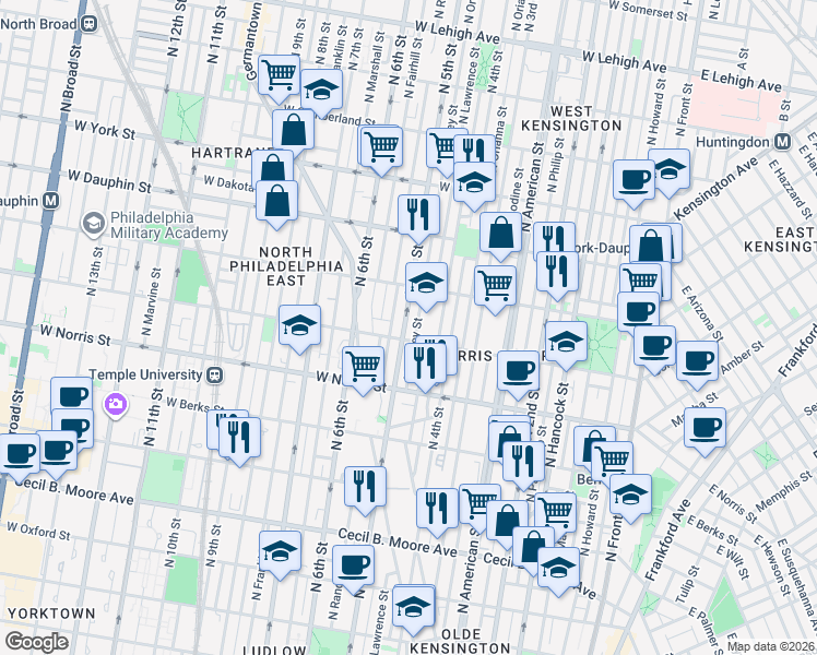 map of restaurants, bars, coffee shops, grocery stores, and more near 2048 North 5th Street in Philadelphia