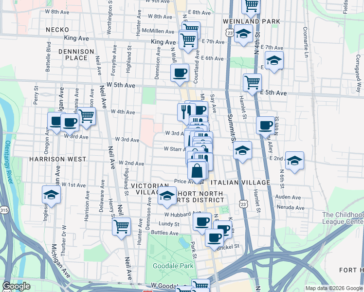 map of restaurants, bars, coffee shops, grocery stores, and more near 987 North High Street in Columbus