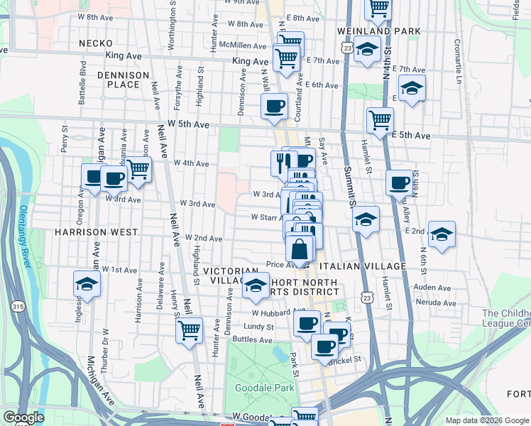 map of restaurants, bars, coffee shops, grocery stores, and more near 70 West Starr Avenue in Columbus