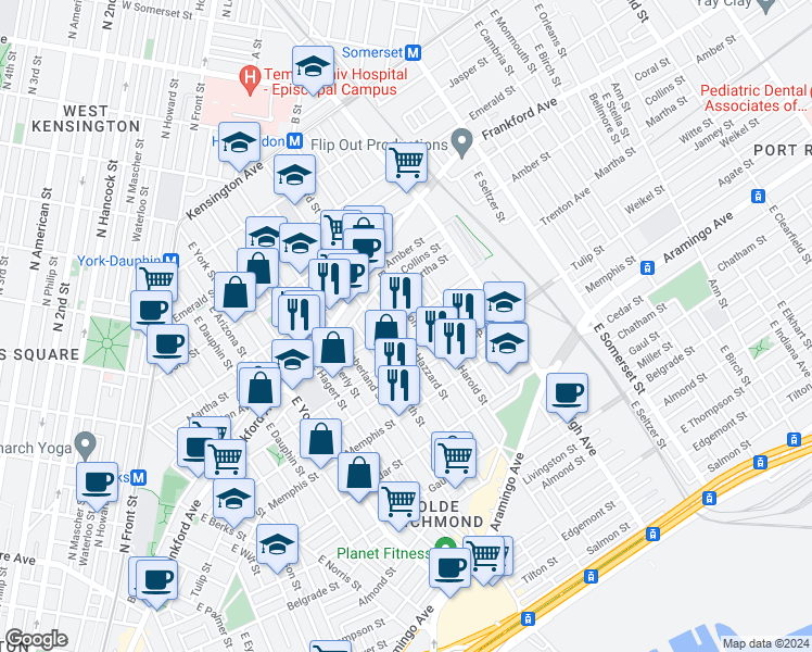 map of restaurants, bars, coffee shops, grocery stores, and more near 2571 Trenton Avenue in Philadelphia
