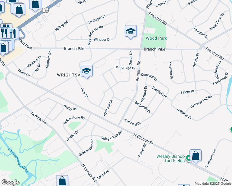 map of restaurants, bars, coffee shops, grocery stores, and more near 412 Ivystone Lane in Cinnaminson