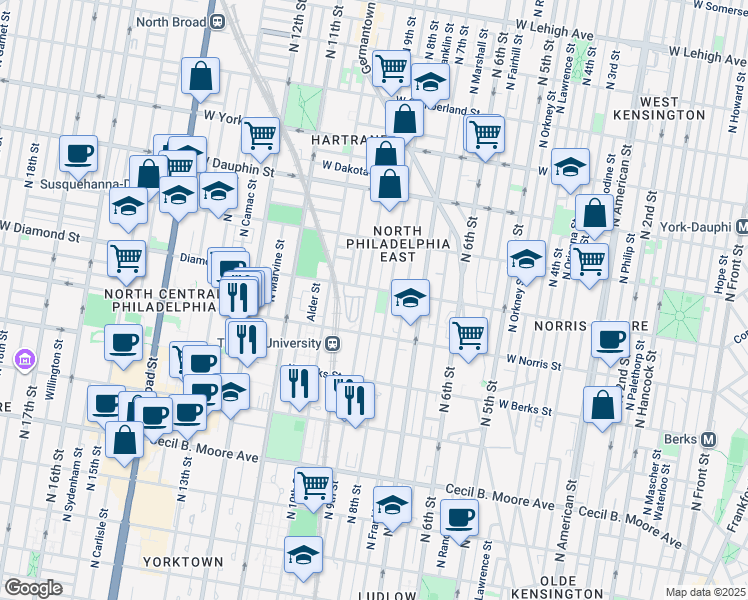 map of restaurants, bars, coffee shops, grocery stores, and more near 2050 North Darien Street in Philadelphia