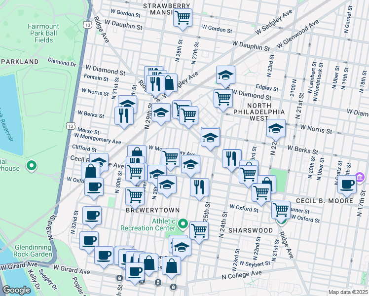 map of restaurants, bars, coffee shops, grocery stores, and more near 1812 North Taney Street in Philadelphia