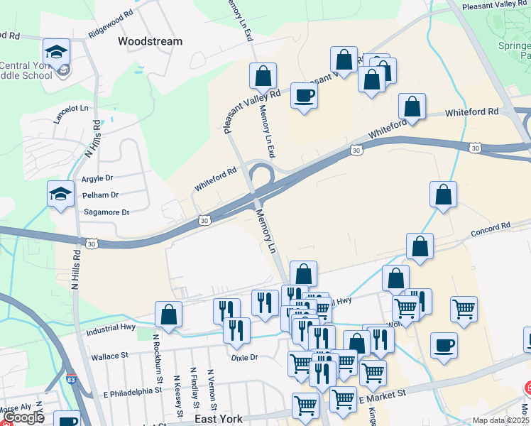map of restaurants, bars, coffee shops, grocery stores, and more near 1737 Memory Lane in York