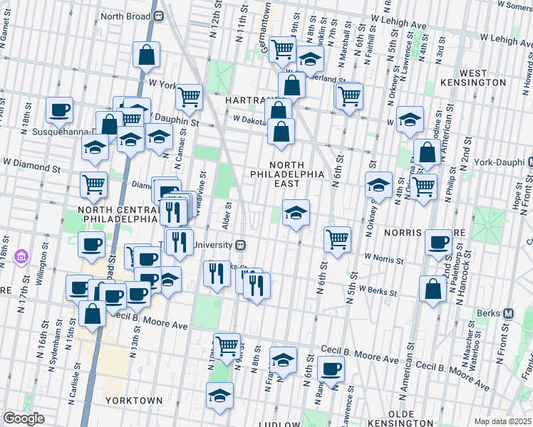 map of restaurants, bars, coffee shops, grocery stores, and more near 2051 North 9th Street in Philadelphia