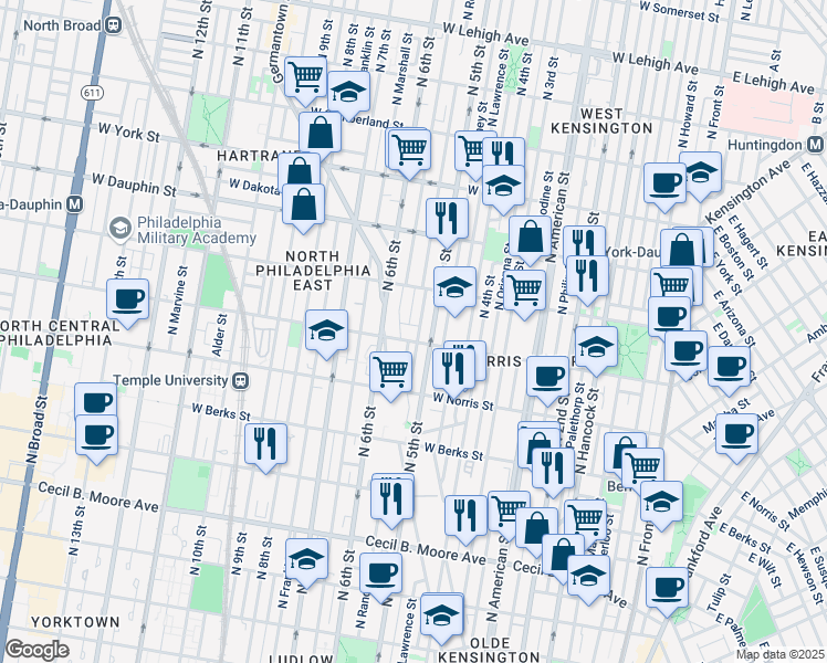 map of restaurants, bars, coffee shops, grocery stores, and more near 2048 North 5th Street in Philadelphia