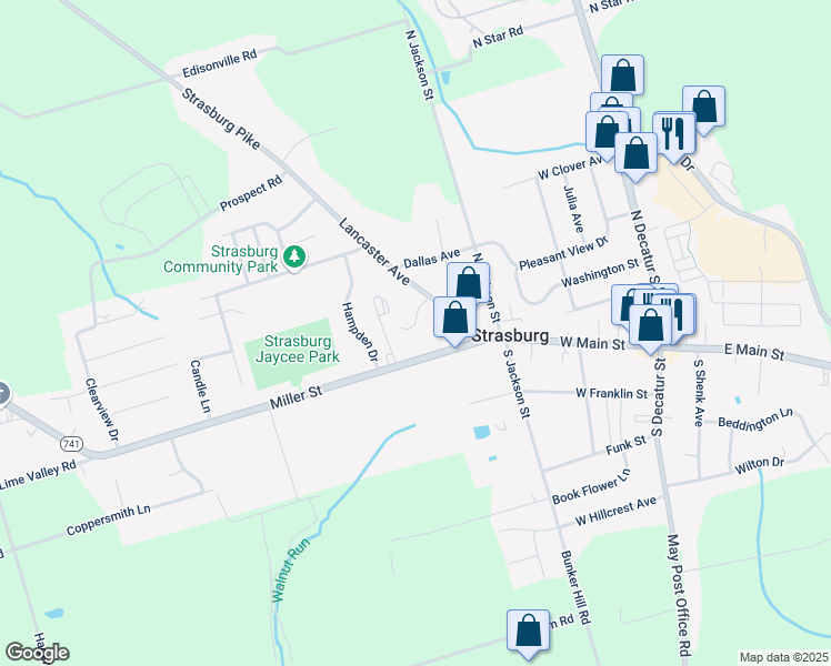 map of restaurants, bars, coffee shops, grocery stores, and more near 12 Hemlock Lane in Strasburg