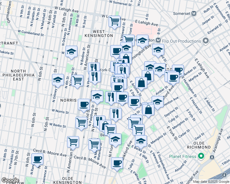 map of restaurants, bars, coffee shops, grocery stores, and more near 2153 North Howard Street in Philadelphia