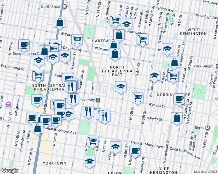 map of restaurants, bars, coffee shops, grocery stores, and more near 2051 North 9th Street in Philadelphia