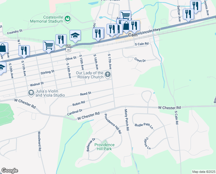 map of restaurants, bars, coffee shops, grocery stores, and more near 1649 Reed Street in Coatesville