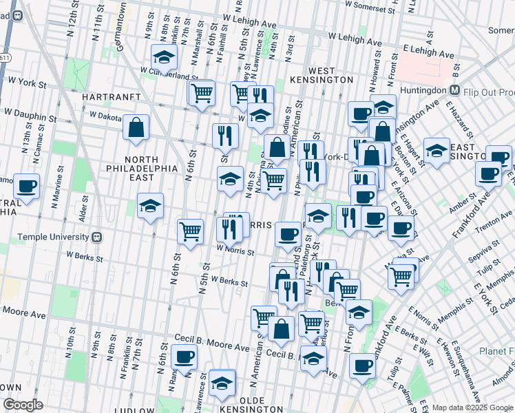 map of restaurants, bars, coffee shops, grocery stores, and more near 2131 North Orianna Street in Philadelphia