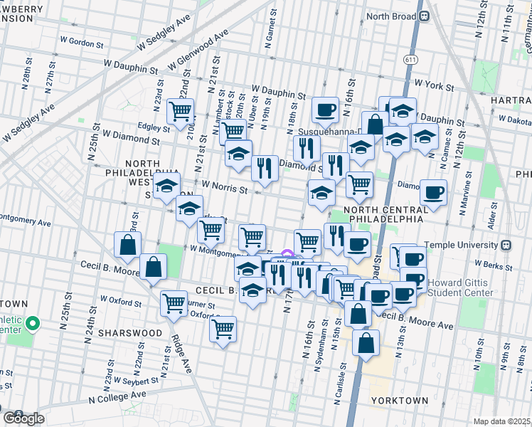 map of restaurants, bars, coffee shops, grocery stores, and more near 1925 North Gratz Street in Philadelphia