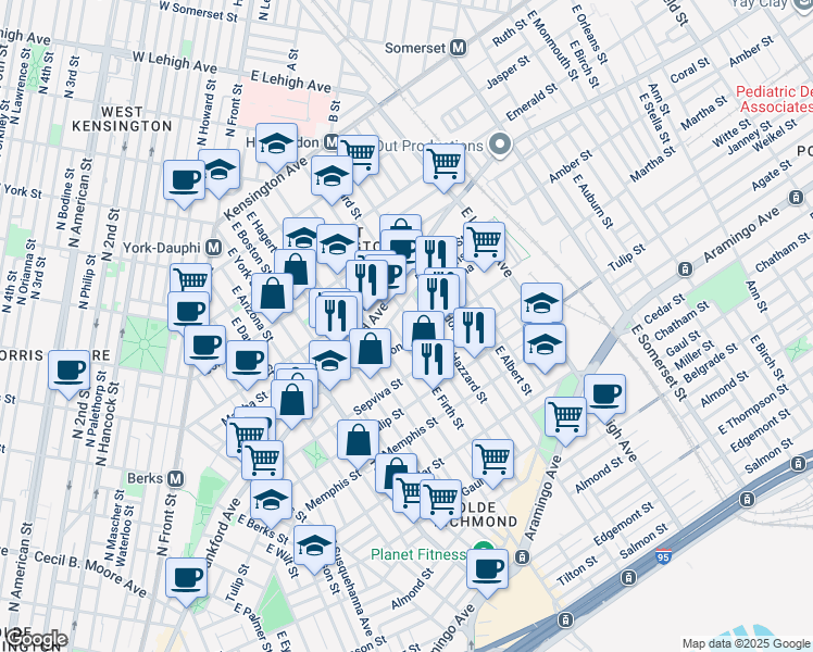 map of restaurants, bars, coffee shops, grocery stores, and more near 2132 East Sergeant Street in Philadelphia