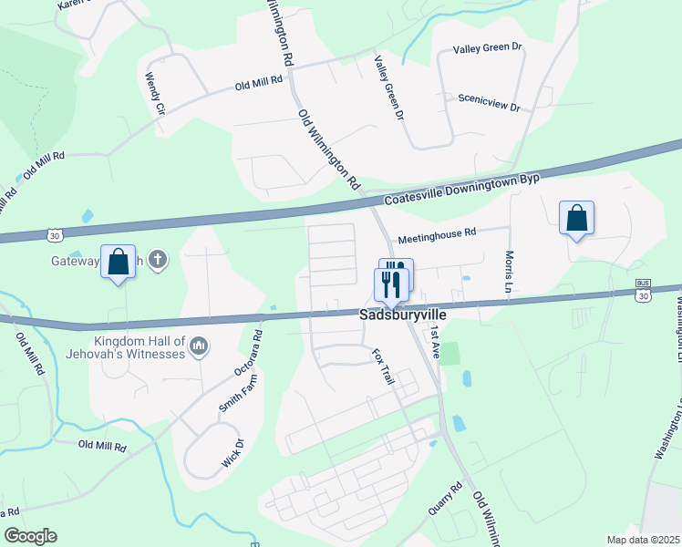 map of restaurants, bars, coffee shops, grocery stores, and more near 215 Jamie Lane in Parkesburg