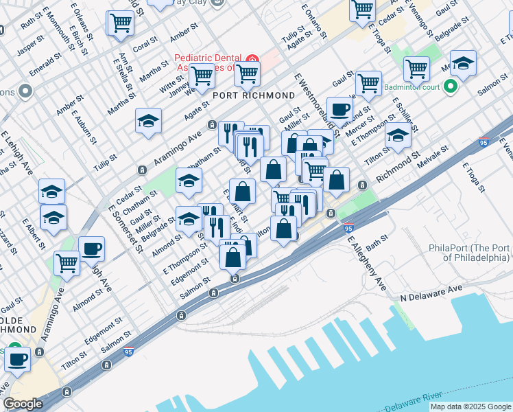 map of restaurants, bars, coffee shops, grocery stores, and more near 3054 East Thompson Street in Philadelphia