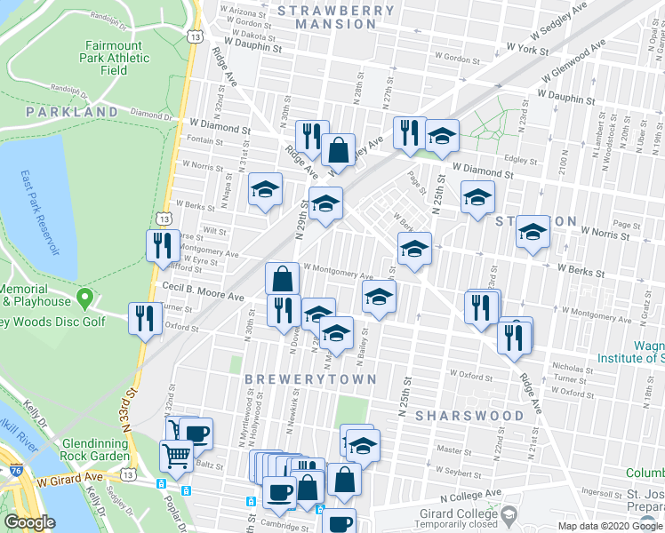 map of restaurants, bars, coffee shops, grocery stores, and more near 2739 West Montgomery Avenue in Philadelphia