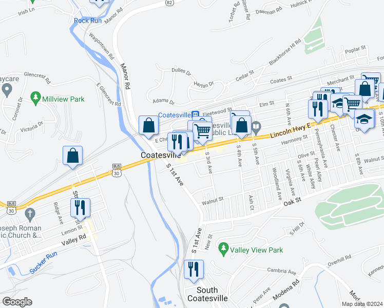 map of restaurants, bars, coffee shops, grocery stores, and more near 228 Lincoln Highway East in Coatesville