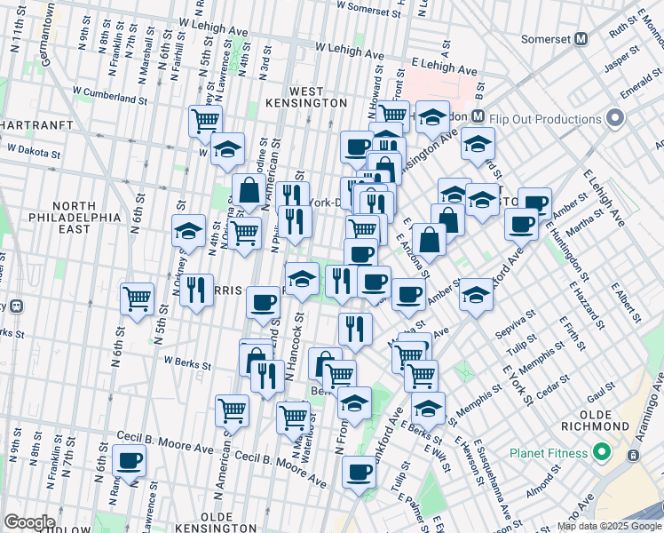 map of restaurants, bars, coffee shops, grocery stores, and more near 2100 North Howard Street in Philadelphia