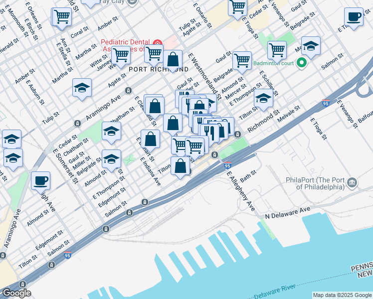 map of restaurants, bars, coffee shops, grocery stores, and more near 3133 Edgemont Street in Philadelphia