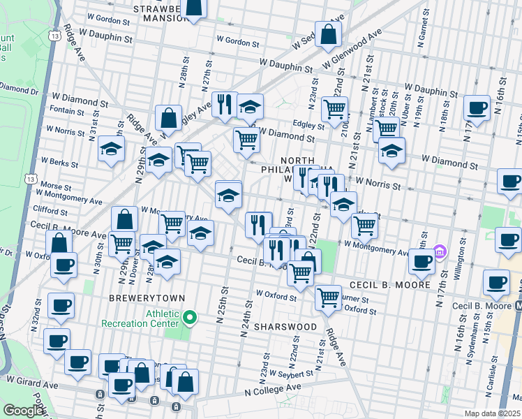 map of restaurants, bars, coffee shops, grocery stores, and more near 1828 North 24th Street in Philadelphia