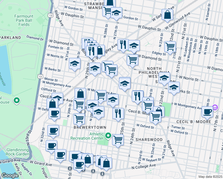 map of restaurants, bars, coffee shops, grocery stores, and more near 1817 North Taney Street in Philadelphia