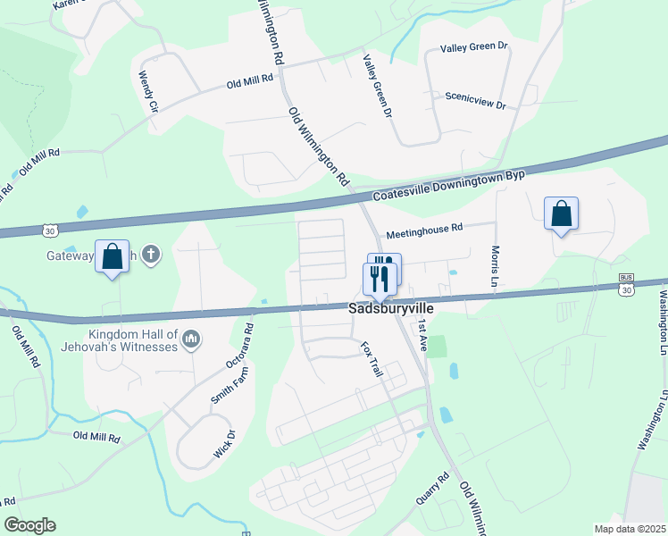 map of restaurants, bars, coffee shops, grocery stores, and more near 205 Jamie Lane in Parkesburg
