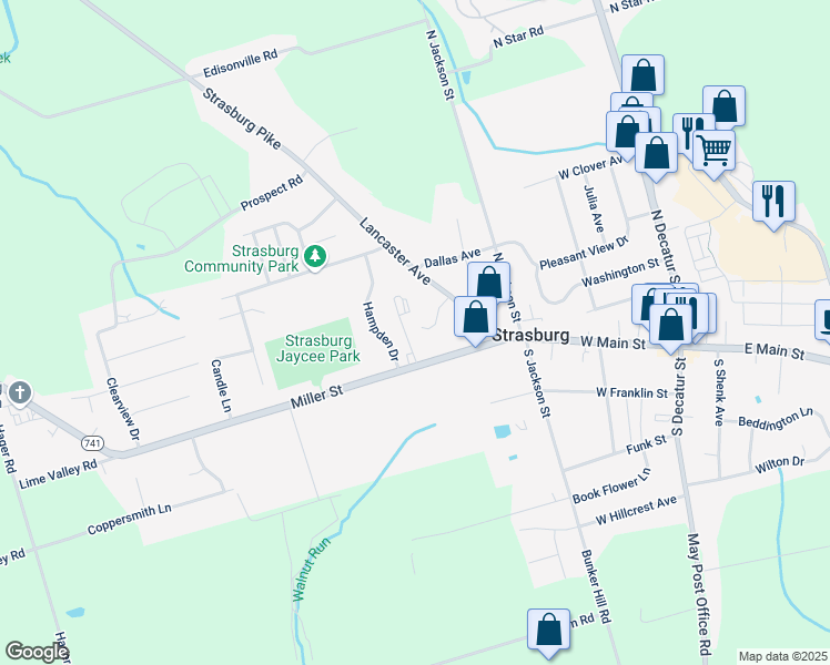 map of restaurants, bars, coffee shops, grocery stores, and more near 8 Hemlock Lane in Strasburg