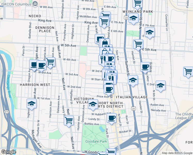 map of restaurants, bars, coffee shops, grocery stores, and more near 69 West 3rd Avenue in Columbus