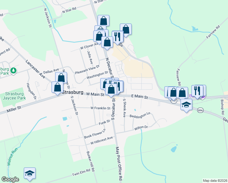 map of restaurants, bars, coffee shops, grocery stores, and more near 25 North Decatur Street in Strasburg