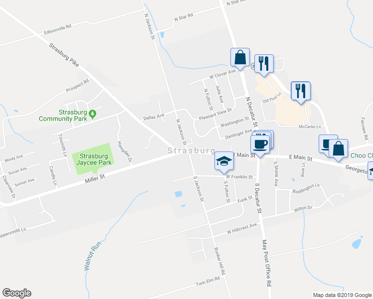 map of restaurants, bars, coffee shops, grocery stores, and more near 13 North Jackson Street in Strasburg