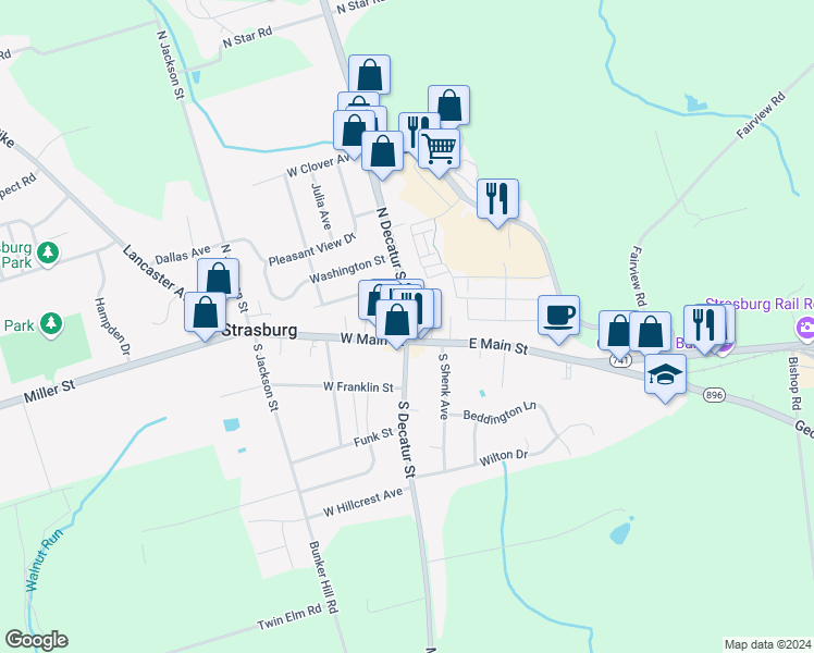 map of restaurants, bars, coffee shops, grocery stores, and more near 25 North Decatur Street in Strasburg