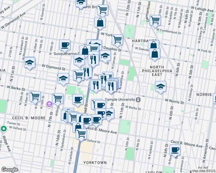 map of restaurants, bars, coffee shops, grocery stores, and more near 2014 West Susquehanna Avenue in Philadelphia