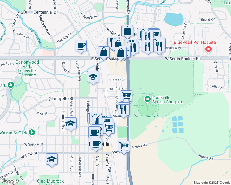 map of restaurants, bars, coffee shops, grocery stores, and more near 1084 Maria Lane in Louisville