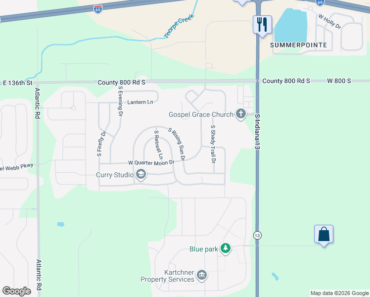 map of restaurants, bars, coffee shops, grocery stores, and more near 8268 South Rising Sun Drive in Pendleton