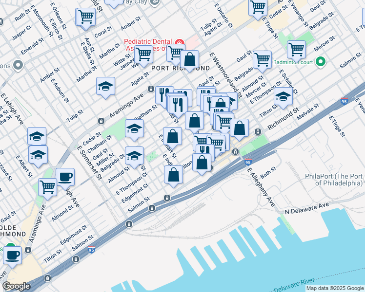 map of restaurants, bars, coffee shops, grocery stores, and more near 3054 East Thompson Street in Philadelphia