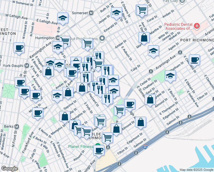 map of restaurants, bars, coffee shops, grocery stores, and more near 2662 Tulip Street in Philadelphia