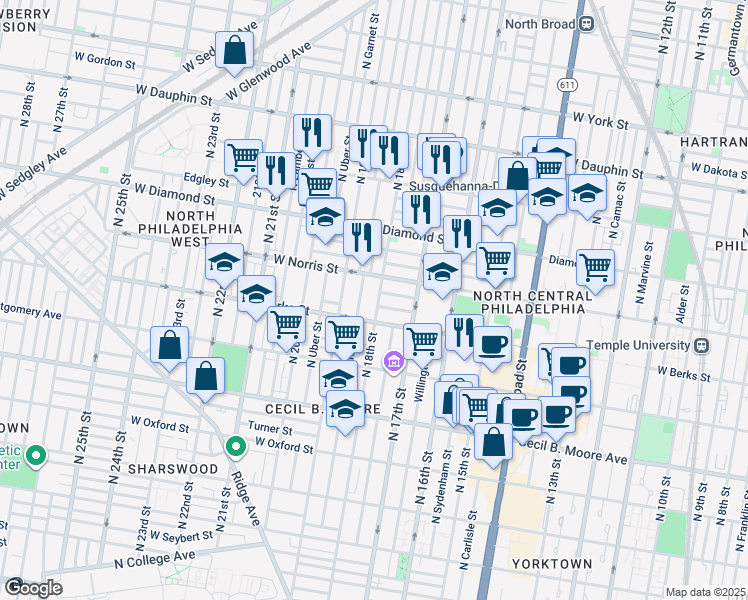 map of restaurants, bars, coffee shops, grocery stores, and more near 1926 North 18th Street in Philadelphia
