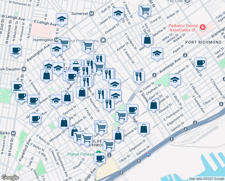 map of restaurants, bars, coffee shops, grocery stores, and more near 2186 East Lehigh Avenue in Philadelphia