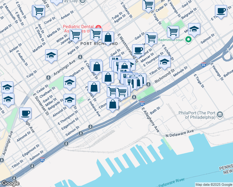 map of restaurants, bars, coffee shops, grocery stores, and more near 3133 Edgemont Street in Philadelphia