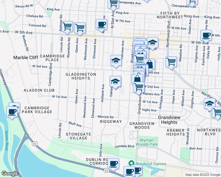 map of restaurants, bars, coffee shops, grocery stores, and more near 1319 Oakland Avenue in Columbus