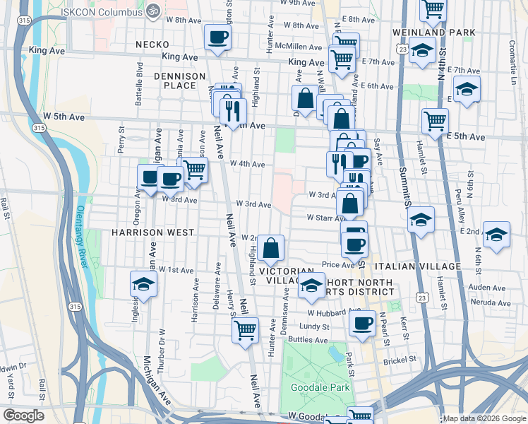 map of restaurants, bars, coffee shops, grocery stores, and more near 194 West 3rd Avenue in Columbus