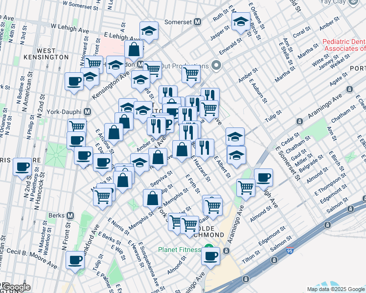 map of restaurants, bars, coffee shops, grocery stores, and more near 2152 East Hazzard Street in Philadelphia